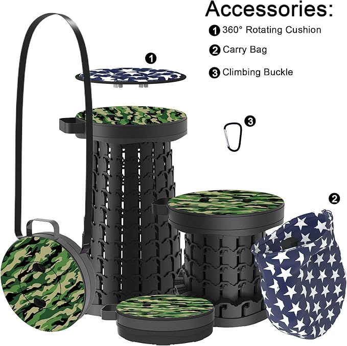 ALEVMOOM Upgraded Telescoping Collapsible Stool with Cushion Folding Stool with Printing Portable Retractable Foldable Seat Max Load 550lbs for Adults Camping Fishing Outdoor