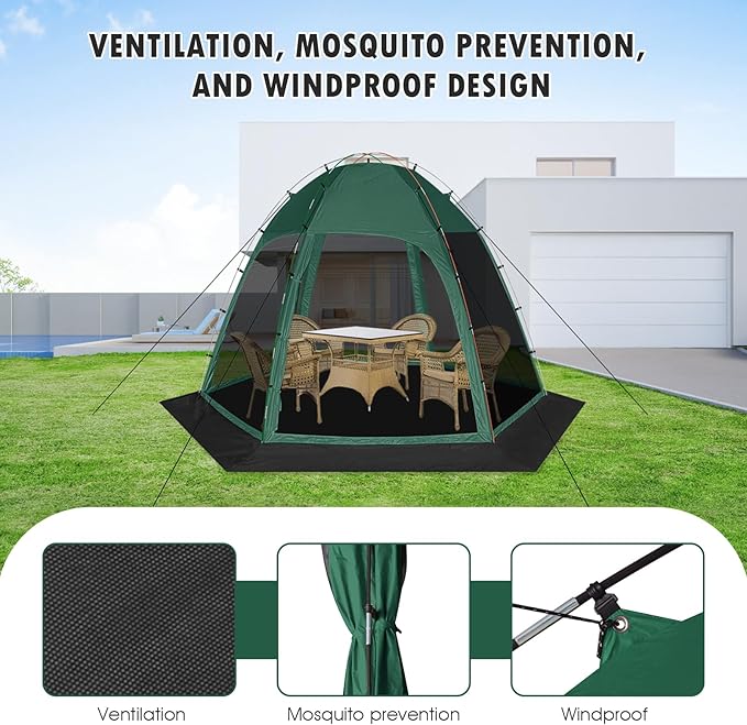 Screen Tent with Removable Floor Siebwin 10'x10' Six-Sided Gazebos with Mosquito Netting Sunproof Outdoor Canopy Tent for 4-6 People Family Backyard Party Outside Activities Green