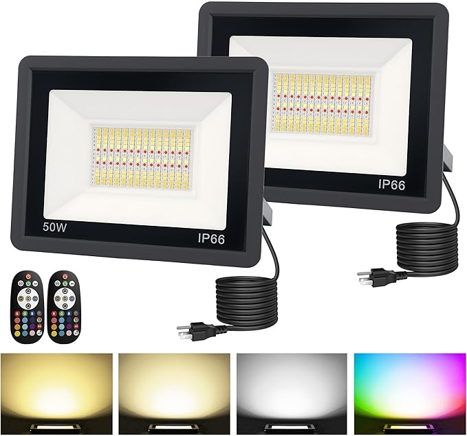 L LOHAS LED 50W Flood Light Outdoor RGB Landscape Lighting with Remote Control Timing - 2700K/4500K/6500K - Color Changing for Patio Backyard Step Wall IP66 US 3-Plug UL Listed (2 Pack)