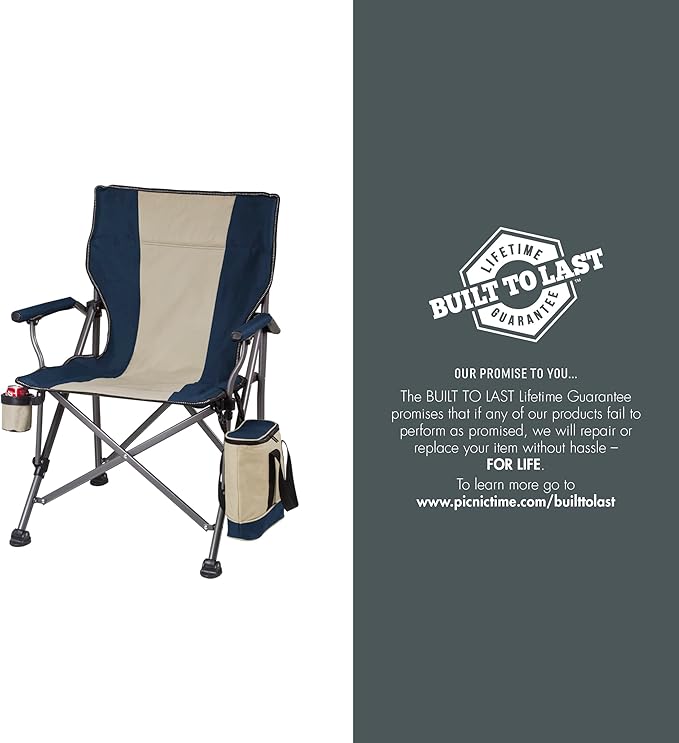 PICNIC TIME Outlander XL Heavy Duty Folding Camping Chair with Insulated Cooler Oversized Portable Lawn Beach &amp Camp Chair with Cup Holder Storage Pocket Carry Bag 400 lb Capacity (Navy Blue)