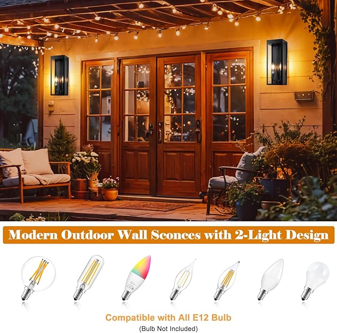 Outdoor Wall Lights 16 Inch Large 2 Pack Black Modern Exterior Lighting Fixtures Wall Mounted with 2-Candle Light Waterproof Outside Wall Sconces Coach Lamps Porch Lanterns for House E12