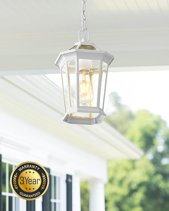 VIANIS White Outdoor Pendant Lights Modern Hanging Outside Lights Lantern Aluminum Porch Lights Outdoor Ceiling Outside Chandelier for Porch with Clear Glass for House Doorway