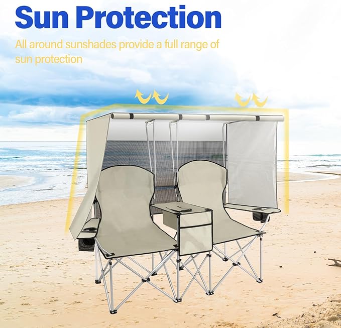 PLKO Portable Double Camping Chair with Canopy ShadeHeavy Duty Beach Chairs for AdultsFolding Beach Chair with Cooler Bag for Sports Backyard Fishing Outside（White）