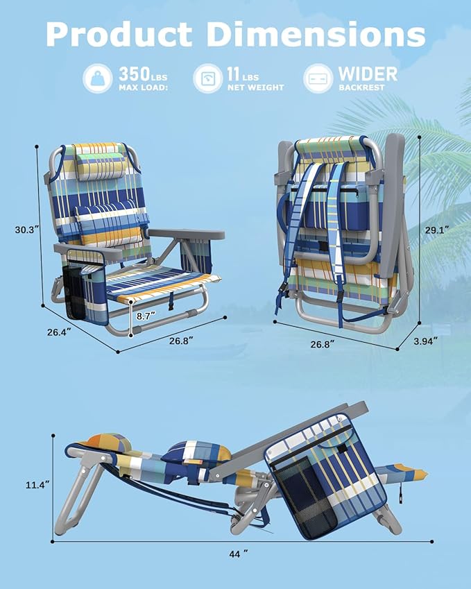 ZENPETIO Beach Chair Camping Chair for Adults Reclining Backpack Chair for Pool Beach Camping Outdoors