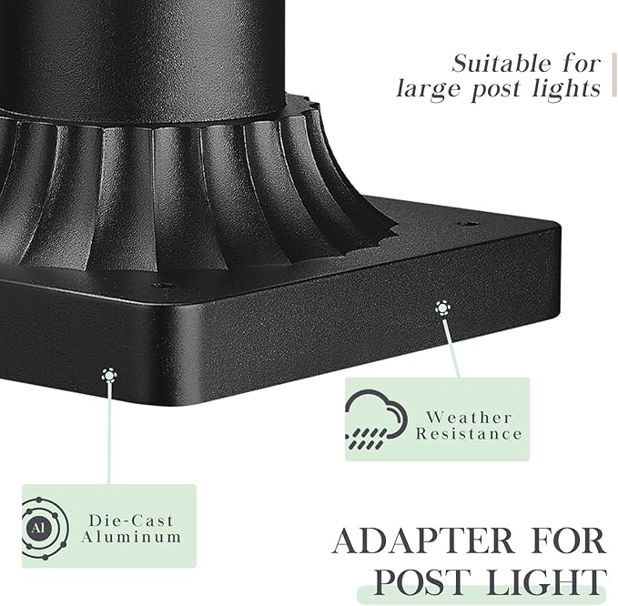 Lighting Outdoor Post Light Mounting Base – 3.0 OD Heavy-Aluminum Pier Mount Adapter in Black Finish for Deck Porch Patio 2 Pack