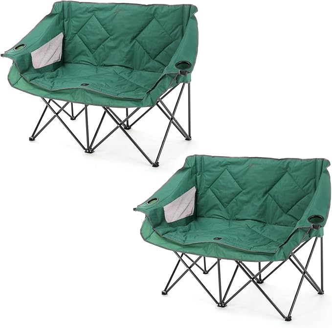 ARROWHEAD OUTDOOR 2-Pack Portable Folding Camp Loveseat Chair w/Glass &amp Cup Holders Heavy Duty Carry Bag 650 lbs Weight Capacity