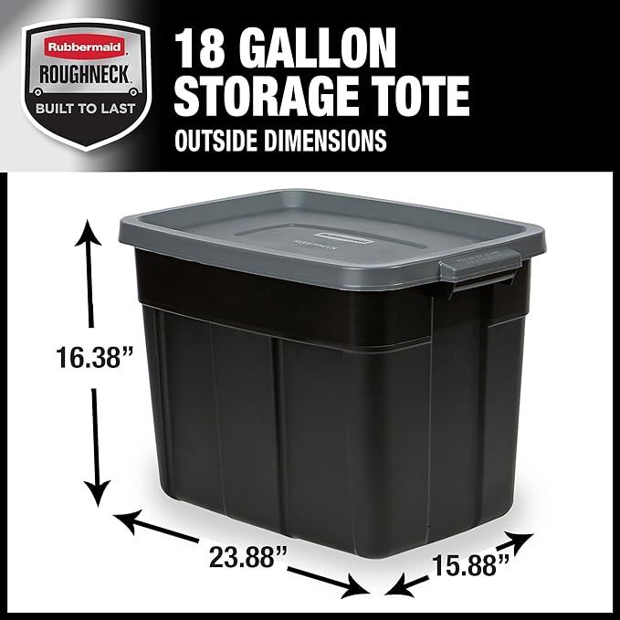 Rubbermaid 18 GAL 6 Pack Garage Storage Bins with Stackable Lid Heavy Duty - Made in USA - Extreme Temperature Resistant Durable Plastic Containers with Handles - Solid Black and Grey