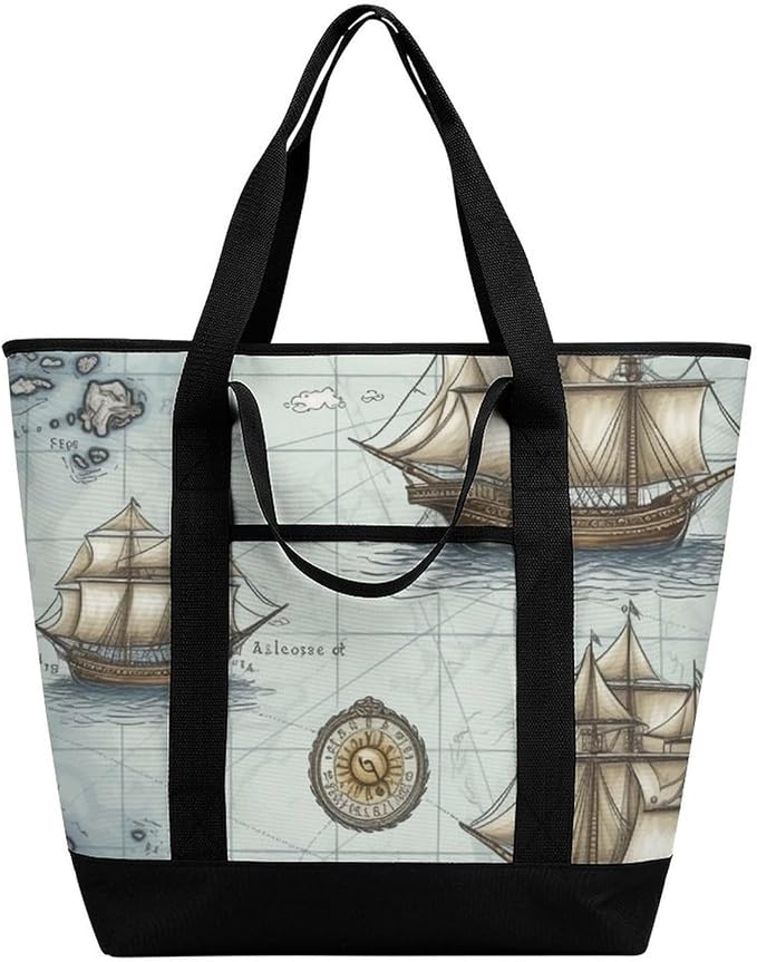 Insulated Shopping BagLarge Reusable Cooler Bags Boat Map_75091459 Printed Foldable Shopping BagTravel Waterproof Shoulder Bag