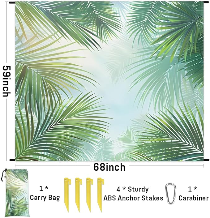 Waterproof Sandproof Beach Blanket 59''×68'' Popeye Leaves Polyester Outdoor Picnic Blanket with 4 Stakes &amp Storage Bag for BeachCampingVacation