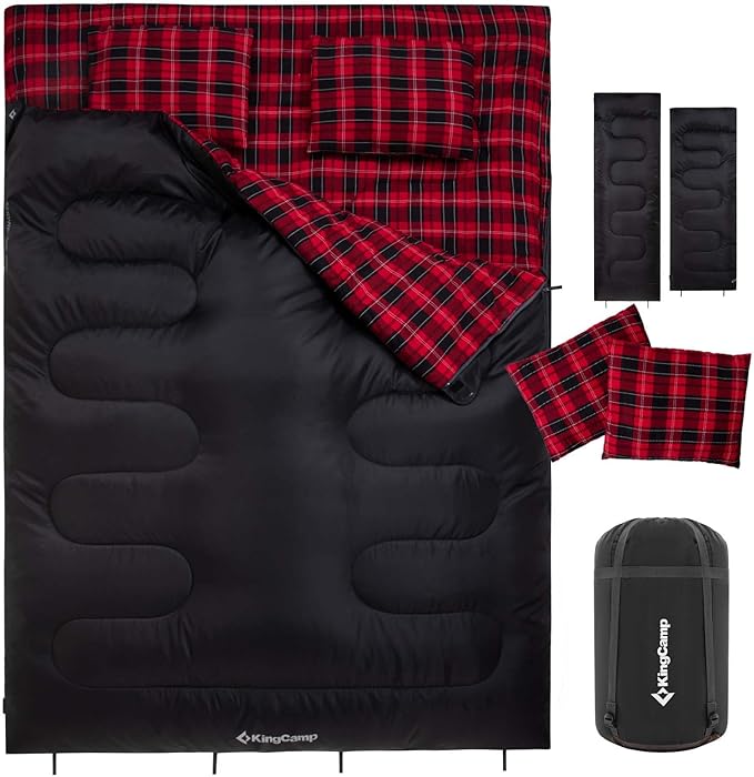KingCamp Double Sleeping Bag for Adults Queen Size 2 Person XXL Flannel Sleeping Bag Waterproof Lightweight Flannel Quilt with 2 Pillows Perfect for Couples Family Camping Hiking