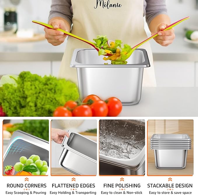 6 Pack Hotel Pans 1/6 Size 4 Inch Deep Steam Table Pan Stainless Steel Commercial Food Pan Anti Jam Steam Pan Breading Trays for Hotel Party Buffet Catering Supplies