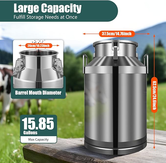 Stainless Steel Milk Can 60L/15.85Gal Metal Airtight Canister Food Storage Container with Lid &amp Clamps Bean Rice Cereal Storage Bucket for Kitchen Restaurant W14.8*H24.6in