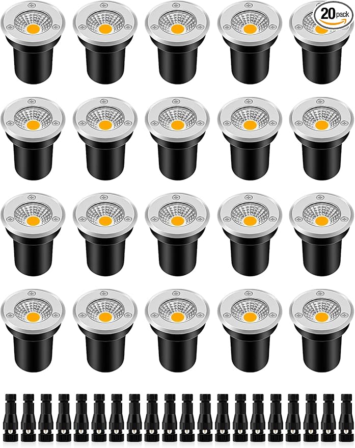 ZUCKEO Low Voltage Landscape Lights Well Lights Landscape LED in Ground Light IP67 Waterproof Outdoor Landscape Lighting Wired Floor Pathway Deck Step Garden with Connectors (20Pack Warm White)