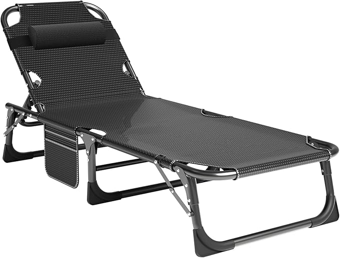 LILYPELLE Portable Folding Cot Bed Adjustable 5-Position Adults Reclining Chaise with Pillow Outdoor Portable Lounge Chair Sleeping Cot for Camping Pool Beach Patio