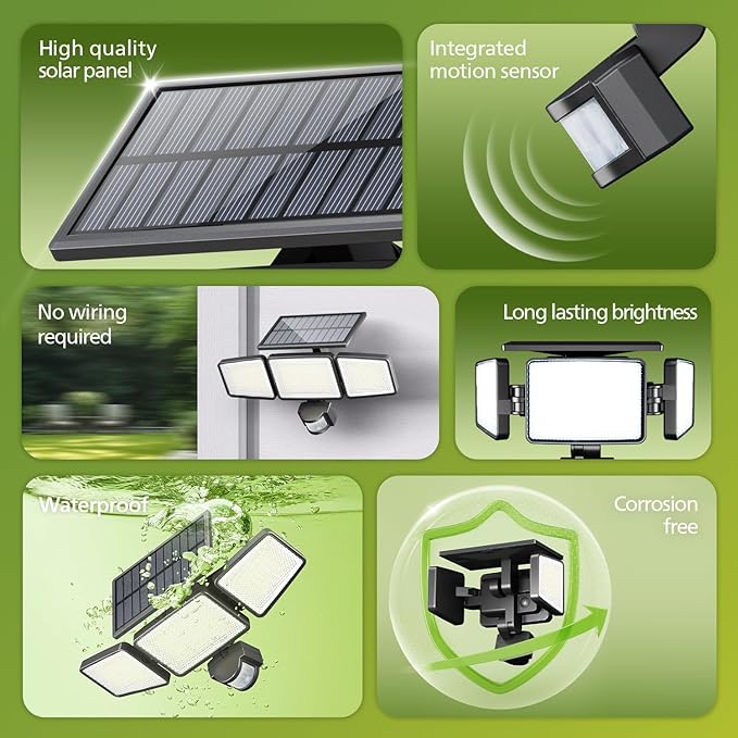 Philips Solar Security Light Outdoor Light 302 LEDs 1200lmSolar-Powered Waterproof Wall-Mounted Flood Light w/PIR Motion Sensor 3 Heads IP65 Waterproof 3 Modes (1 Pack)