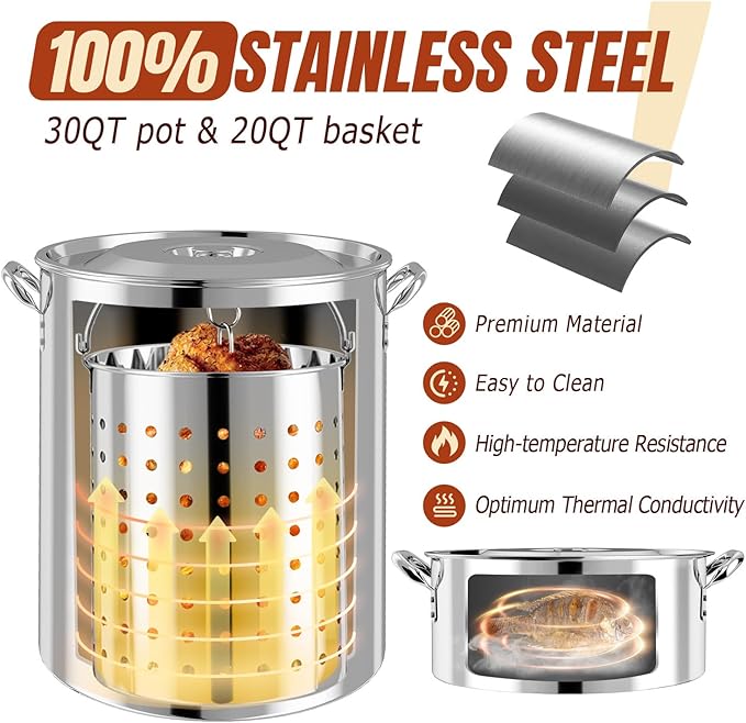 Stainless Steel Turkey Fryer Kit 30QT Deep Pot &amp 10QT Fish Fryer Waterproof Cover &amp 12-inch Skimmer 55000 BTUS Propane Burner Stove Outdoor Deep Fryer Crawfish Boiler with Basket
