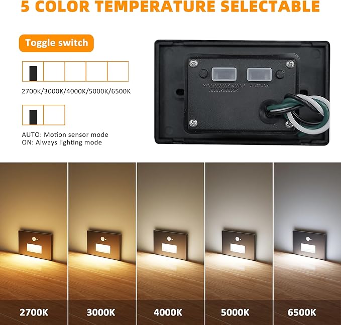 Motion Sensor Stair Lights Indoor Outdoor 5CCT Dimmable LED Step Lamp with Switch 4W 300LM 2700K-6500K IP66 Waterproof Hardwired 120V Stairway Staircase Walkway Lighting- Black 12 Pack ETL