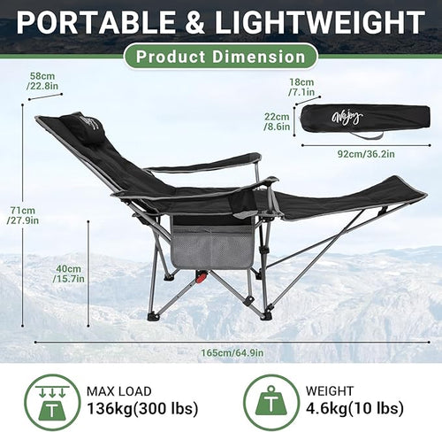 #WEJOY 2-in-1 Camping Chair Reclining Lightweight Folding Camping Chair with Adjustable Backrest &amp Footrest Camping Lounge Chair with Headrest Cup Holder Storage Bag for Beach Lawn Concert