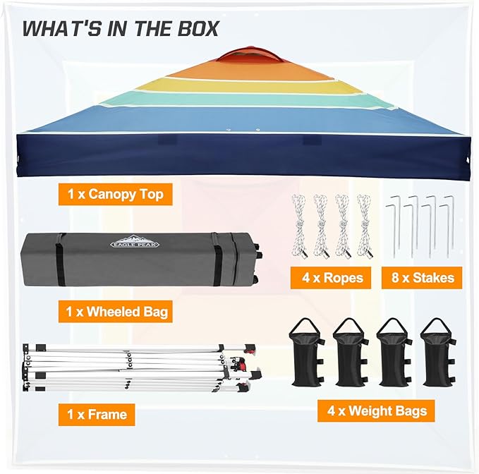 EAGLE PEAK Pop Up Canopy Tent with Wheeled Carry Bag 8 Stakes 4 Ropes 4 Weight Bags Easy Set Up Tent Canopy 10x10 ft 100sqft of Shade Retro Stripe Multi
