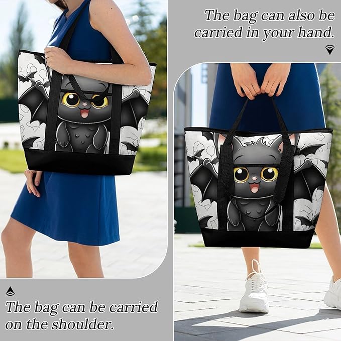 Insulated Shopping BagLarge Reusable Cooler Bags Cute Bat Printed Foldable Shopping BagTravel Waterproof Shoulder Bag