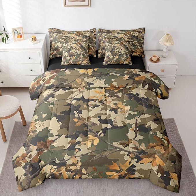 jejeloiu Camouflage Botanical 7 Piece Bedding Set for Girls Boys Kids Full Size Camo Bed in a Bag Room Decor Military Style Comforter Set with SheetsPillowcases &amp Cushion Cover Microfiber