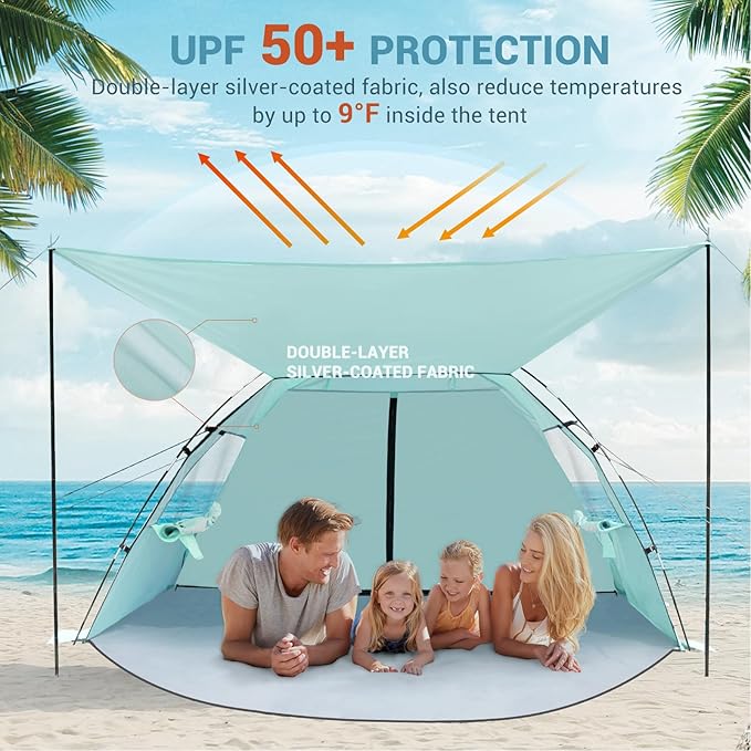 Elegear CumbreX™ Beach Tent Sun Shelter with Canopy 4-5 Person Pop Up Beach Tent Easy Setup UPF 50+ UV Protection Portable Lightweight Double Silver Coating Cabana Sun Shade Shelter - Green
