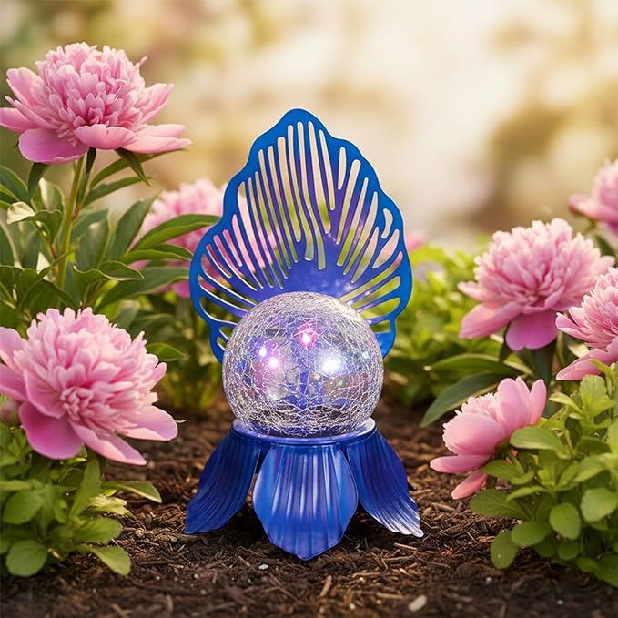 Solar Lights Outdoor Flower Garden Decor with Crackle Glass Globe Lights Metal Flowers for Outside Yard Lawn Patio Porch Pathway Tabletop Housewarming Gifts for Mom Women