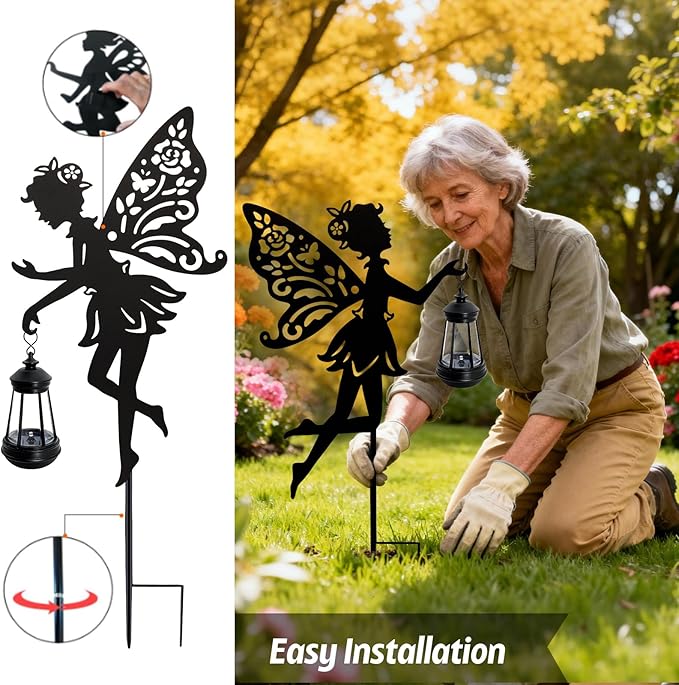 Solar Fairy Garden Statues Outdoor Decor 2 Pack Metal Fairy Figurine Light StakeHousewarming Ornament for Patio Lawn Yard Pathway - Unique Gift Ideas for Gardening Mom Grandma Birthday