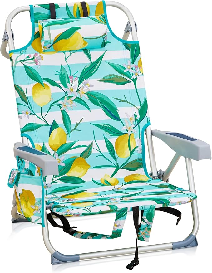 Low Beach Chairs for Adults 5-Position Reclining Backpack Beach Chair with Cooler &amp Storage Pouch Portable Lightweight Folding Beach Chair with Aluminum Frame &amp Cup Holder Supports 220lbs