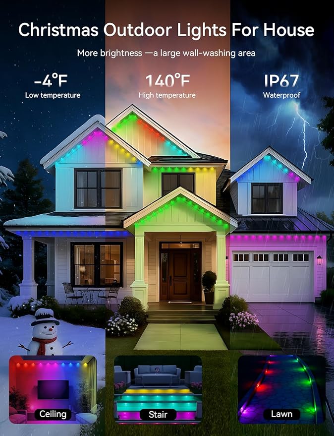 Permanent Outdoor Lights for House -Eaves Lights 50FT with 25 IC+RGBCW LED IP67 Waterproof Smart Outside LED Christmas Light with App/Remote Eternity Lighting for Holiday/Daily