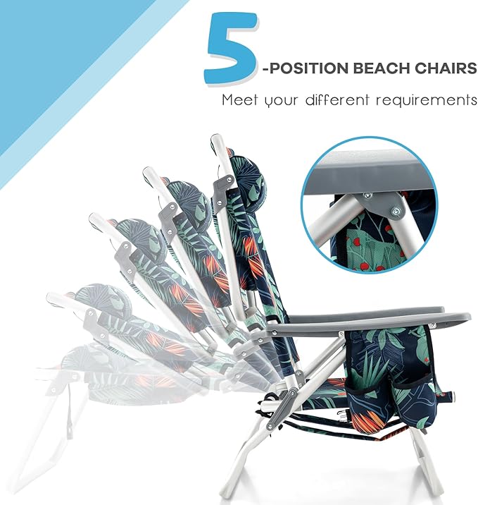 COSTWAY Backpack Beach Chairs Set 3-Piece Portable Camping Chairs with Cup Holder Ice Bag 5-Position Outdoor Reclining Chairs for Adults Travel Sunbathing Support 300 LBS Palm Tree Green