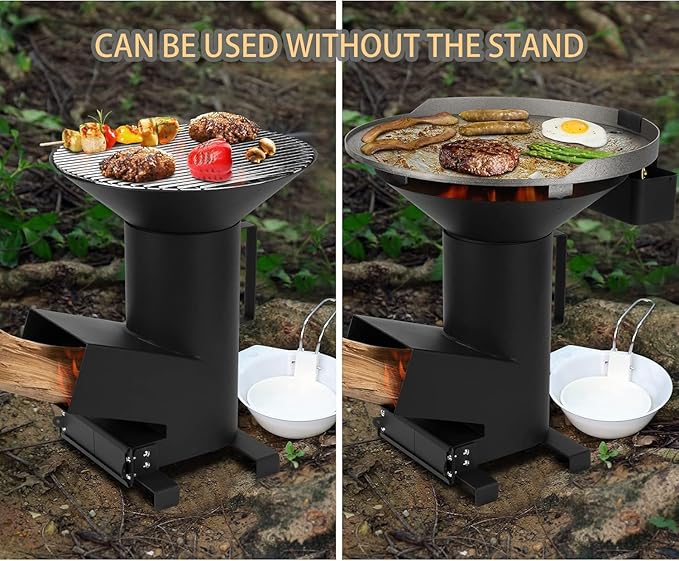 3-in-1 Camp Rocket Stove Kit with BBQ Grate Griddle Pot Rack Portable Wood Burning Stove with Detachable Stand Camping Gear for Outdoor Cooking Patio Barbecue RV Tailgating GS345