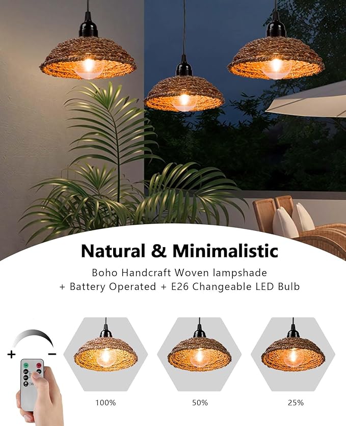 Outdoor Chandelier Lights Waterproof Battery Operated Pendant Lights for Gazebo Pergola Patio Porch IP65 Weatherproof(3 Packs)