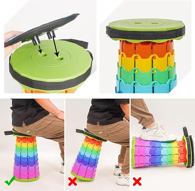 2 Pack Upgraded Collapsible Stool Folding Stool with CushionRetractable Folding Stool Max Load Capacity 400lbs Portable Telescoping Stools for Camping Hiking Outdoor BBQ -Rainbow-Green