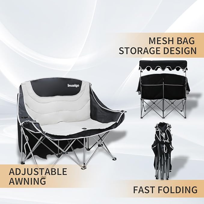 Double Camping Chair with Adjustable Shade Canopy Oversized Portable Folding Loveseat Couch 2 Person Soft Padded Couch Back Storage Bag Cup Holder for Outdoor Lawn Backyard