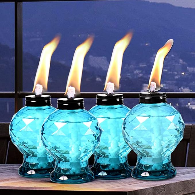 Tewei 4 Pack Blue Table Top Light Torches Outdoor Mini Glass Torche Lanterns Light for Outside Easy to Refill Citronella Torches for Garden Patio Yard Party