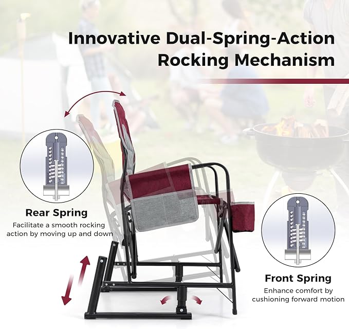 Goplus Outdoor Rocker Camping Chairs for Adults Portable Folding Chair w/Dual Springs Padded Back Cup Holder Storage Pocket Heavy-Duty Rocking Arm Chair for Beach Lawn Travel Fishing(2Wine)