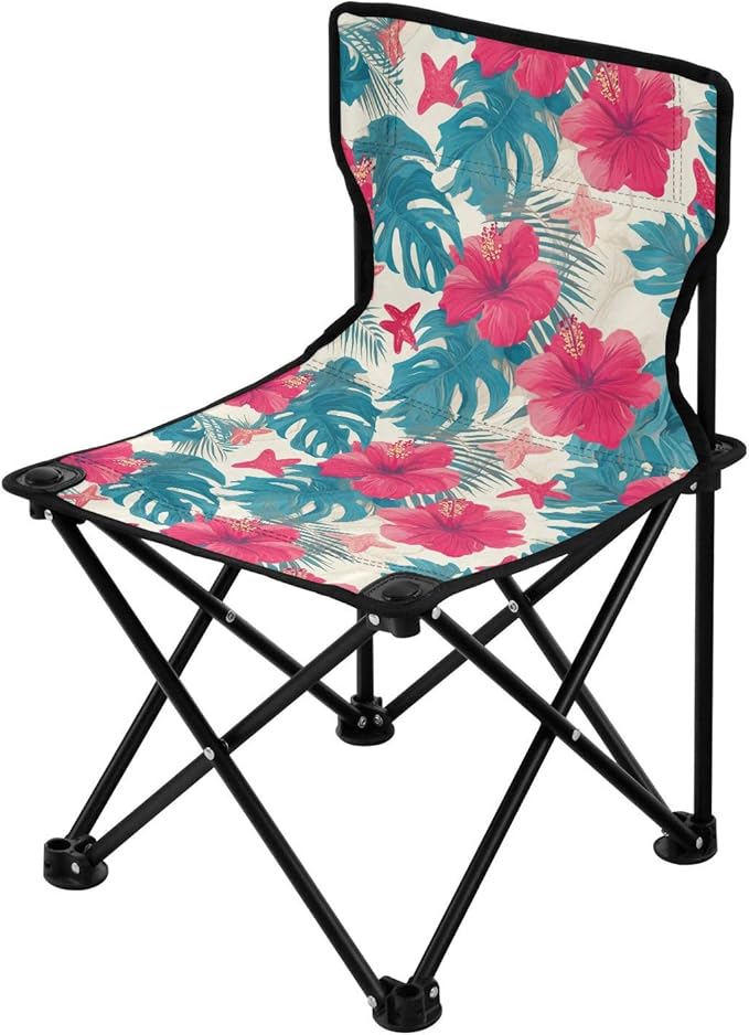 KLL Tropical Leaves Red Hibiscus Flowers Starfish Hawaiian Packable Beach Chairs Ultra-Lightweight Compact Folding Chair with Carrying Bag Outdoor Chairs for Outdoor Ice Fishing
