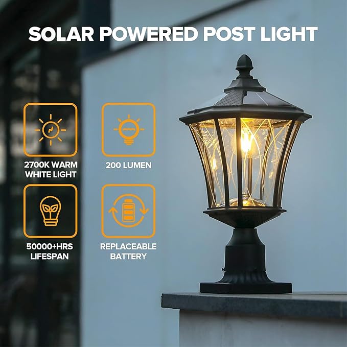 LUTEC Outdoor Solar Lamp Post Light with Pier Mount Base Dusk to Dawn Waterproof Pole Light Head with Patterned Glass Exterior Black Solar Powered Fence Post Light Fixtures for Outside