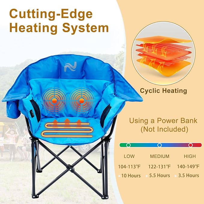Slsy Oversized Heated Massage Camping Chair with Armrests Portable Padded Folding Chair Heavy-Duty 500 lbs Support for Camping Tailgating &amp Outdoor Relaxation (Marine Blue)
