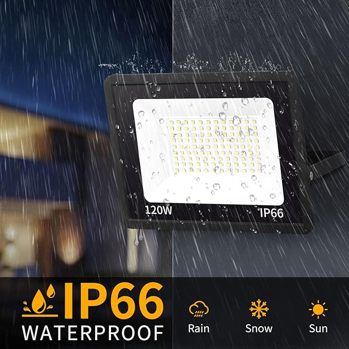 120W LED Flood Light Outdoor with 6ft Plug 14400LM Brighter Exterior Security Lights 5000K Daylight LED Work Light IP66 Waterproof for Yard Garage Stadium Lawn 2 Pack