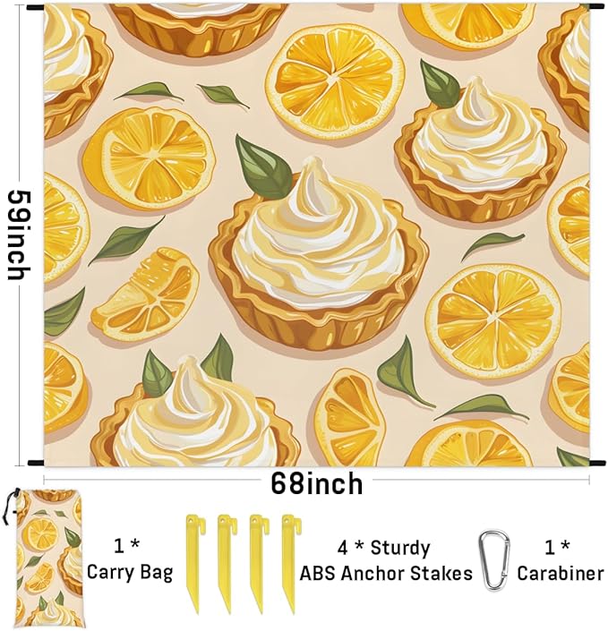 Waterproof Sandproof Beach Blanket 59''×68'' Lemon Cake Polyester Outdoor Picnic Blanket with 4 Stakes &amp Storage Bag for BeachCampingVacation Food