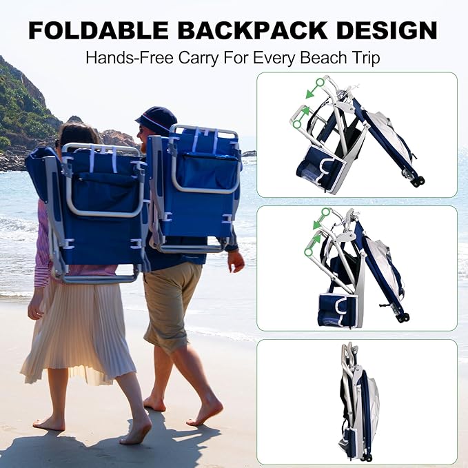 Romswi Beach Chair with Canopy Shade for Adults 1 Pack Aluminum Folding Chairs with Detachable &amp Adjustable Umbrella 5-Position Lay Flat Cooler Bag Cup &amp Phone Holder Towel Bar Navy Blue