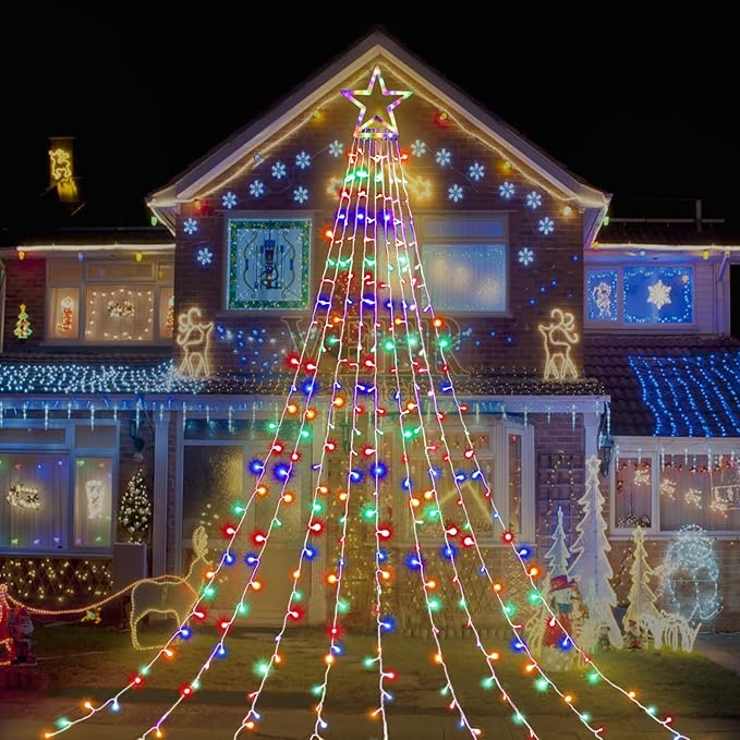Outdoor Christmas Star String Lights 320 LED 11.5 ft Waterfall Tree Lights with 8 Lighting Modes for Indoor/Outdoor Yard Home Festival Party Xmas New Year Decor