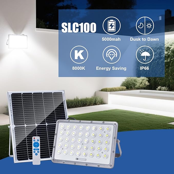 100W LED Solar Flood Lights 5000mah 8000K Street Flood Light Outdoor IP66 Waterproof with Remote Control Security Lighting for Parking Lot Yard Garden Swimming Pool Pathway