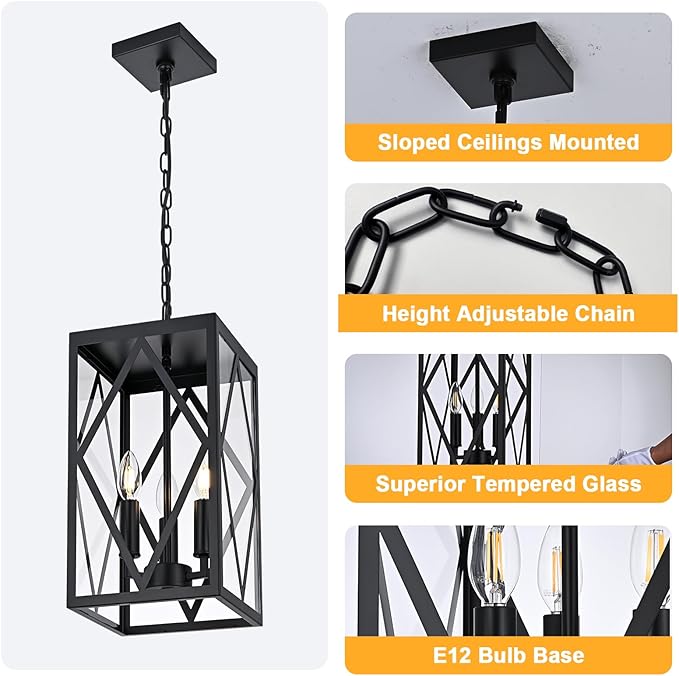 15.7'' Outdoor Pendant Light for Porch 3-Lights Metal Black Outdoor Chandelier Exterior Hanging Porch Light Fixtures w/Clear Glass Outside Pendant Lantern for Front Door Entryway E12 Base