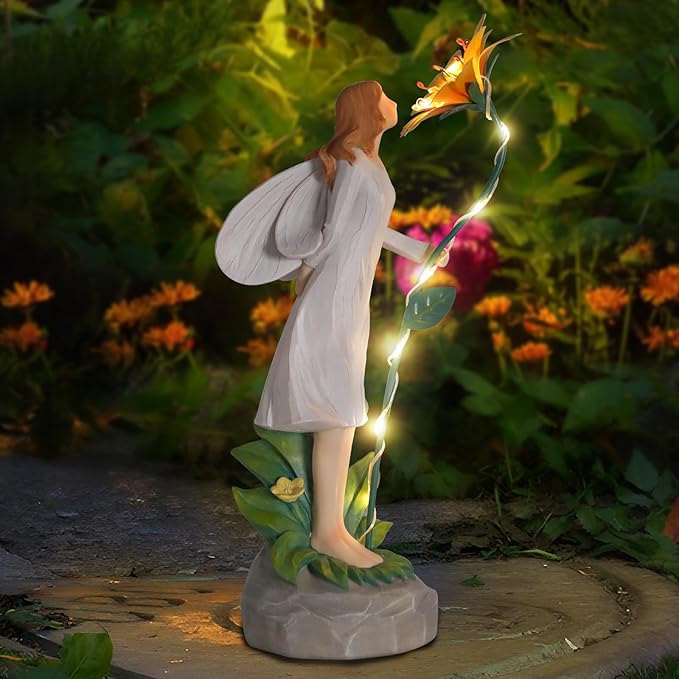 Fairy Garden Statue Outdoor Decor Solar Powered Garden Sculptures Fairy Resin Statues Waterproof Yellow Flower Solar LED Lights Yard Art Decorations for Outside Patio Lawn Decor