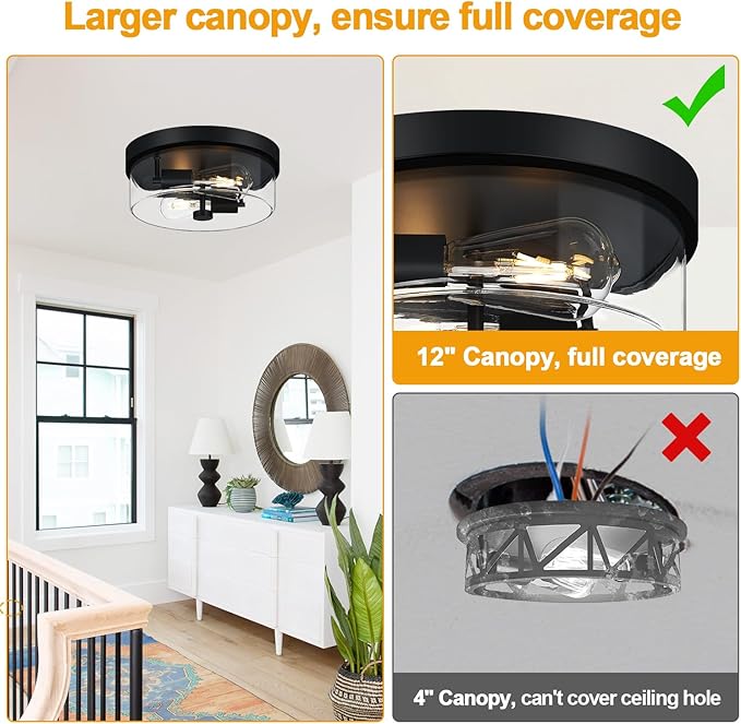Flush Mount Ceiling Light Fixtures 2-Light Black Ceiling Mount for Farmhouse with Clear Glass Lampshade Industrial Flush Mount Light Fixture for Hallway Kitchen Entryway and Foyer