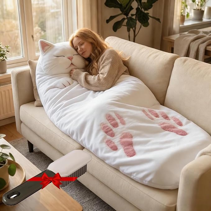 Dreaming Arts Fluffy Cat Sleeping Bags for Adults Soft Cozy Plush Cat Print Envelope Sleeping Bag for Kids Cat Lovers 68.89 inch Washable Warm Blanket for Camping Travel and Sleepovers Home
