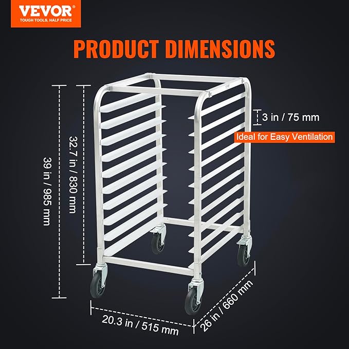 VEVOR 10-Tier Bun Pan Rack Aluminum Racking Trolley Storage with Brake Wheels Commercial Bakery Racks for Half &amp Full Sheet Speed Rack For Kitchen Home Bread Baking Equipment 26L x 20.3W x